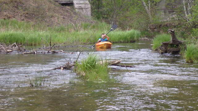 Kayaking around branches and logs on the Au Sable River, near Grayling, Michigan.